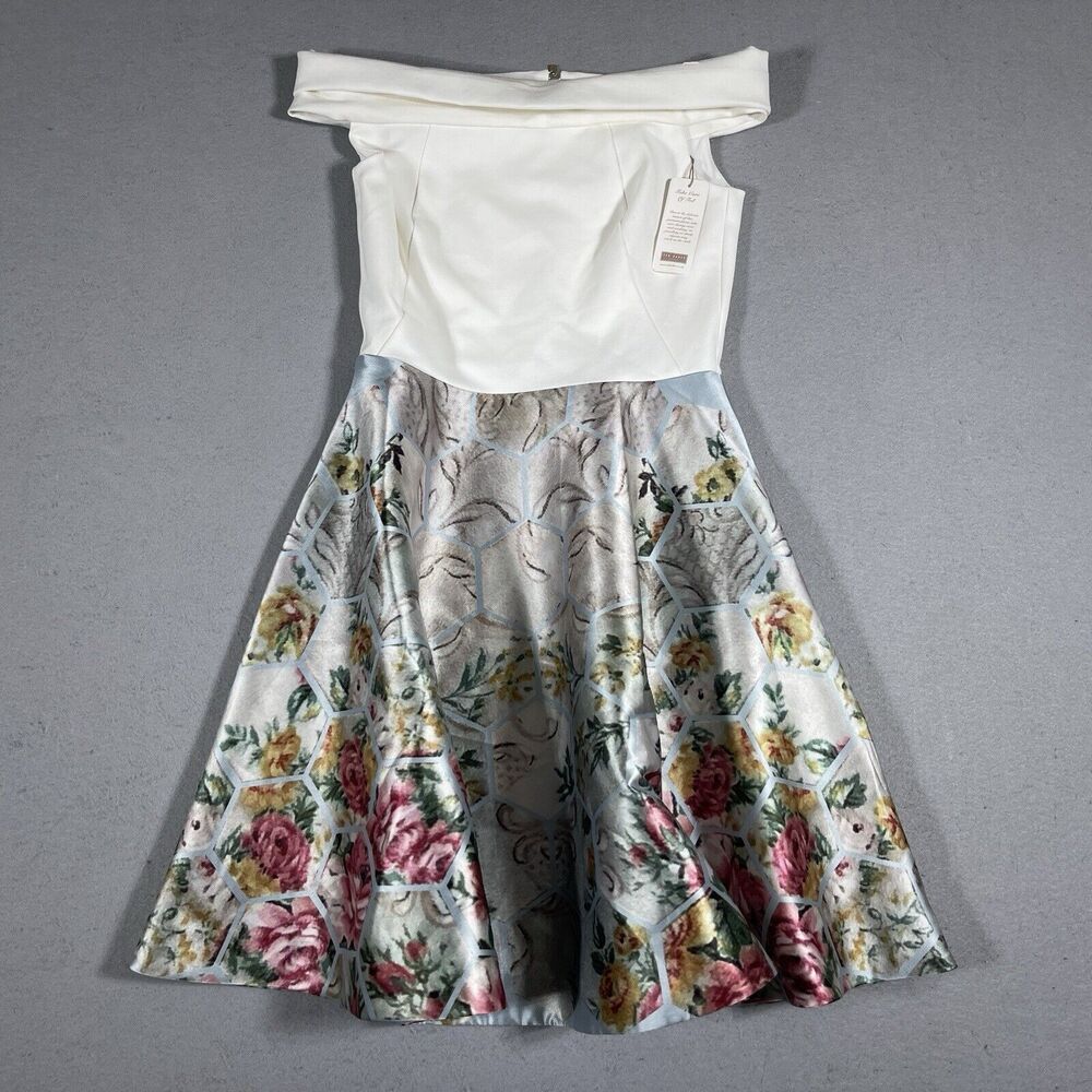 Ted Baker Dress Size 2 Sateen Floral Off the Shoulder A-Line Atisana Bardot NWOT